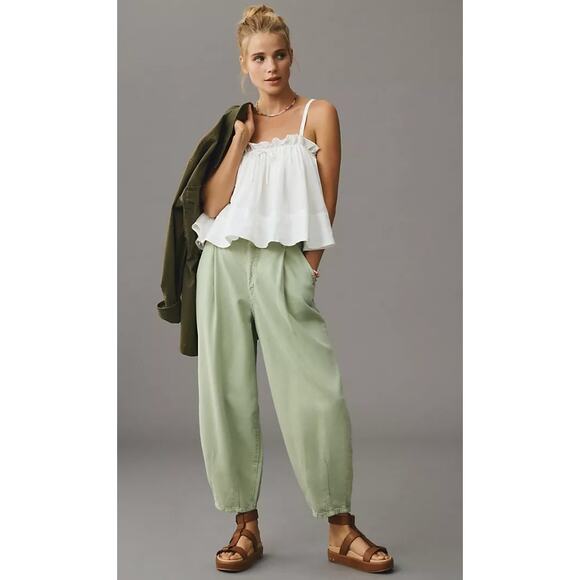 Pilcro Anthropologie The Breaker Mid-Rise Barrel Pull-On Jeans in Sage 34P - Picture 1 of 11